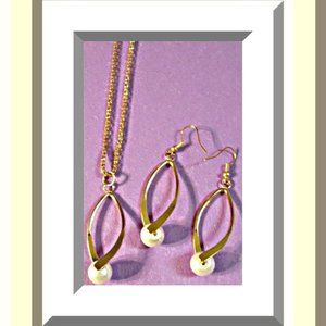 Gold Tone Necklace & Dangle Earring Jewelry Set With White Faux Pearl Classy